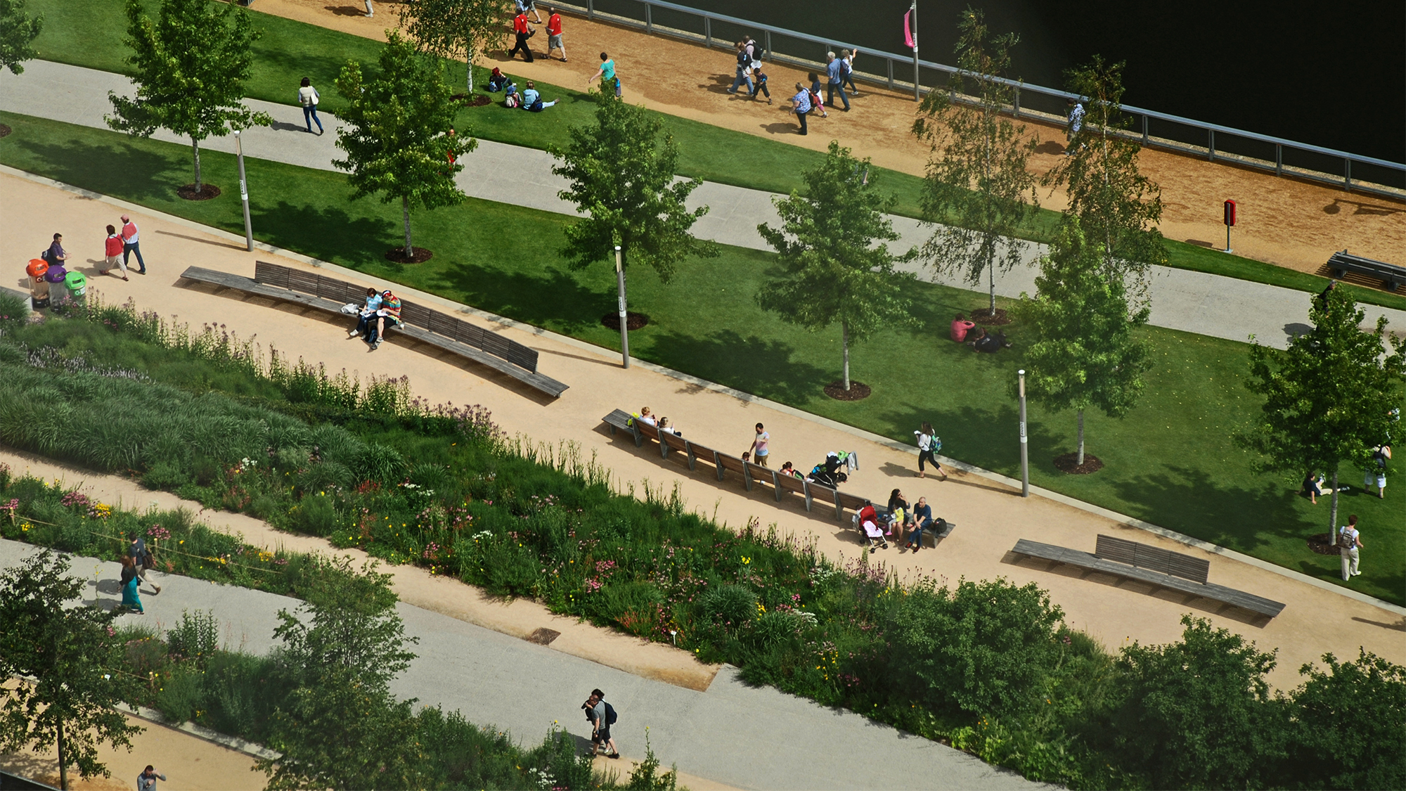 An image of the landscaping in the south of the olympic park in London that was delivered by Arup.
